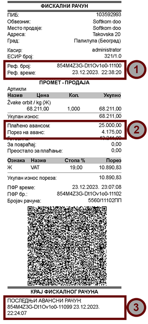 Konačni račun u kome je prikazan PFR broj i datum poslednjeg izdatog dokumenta avans-prodaja